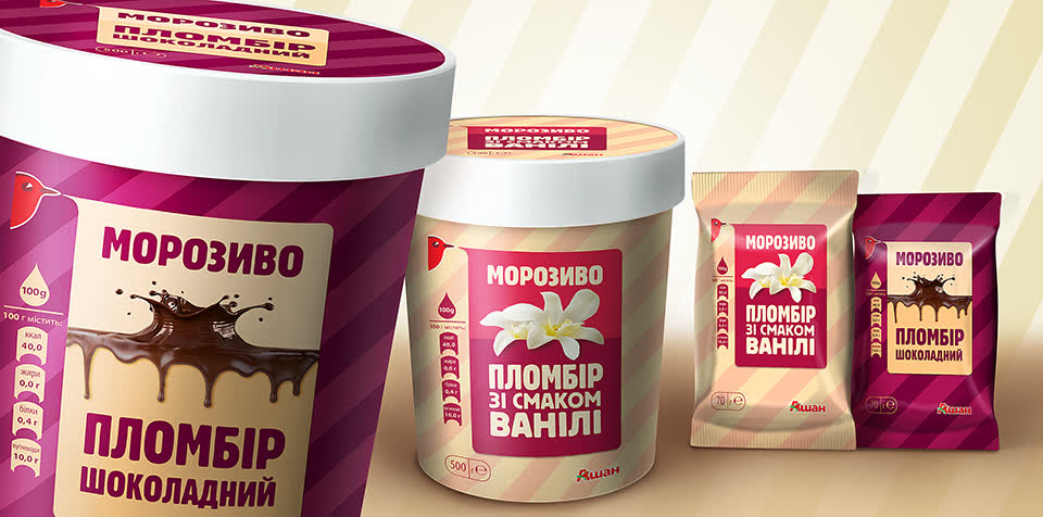 Дизайн великої лінійки морозива для мережі супермаркетів Ашан