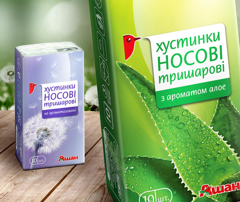 Дизайн упаковки носових хустинок для мережі супермакетів Ашан