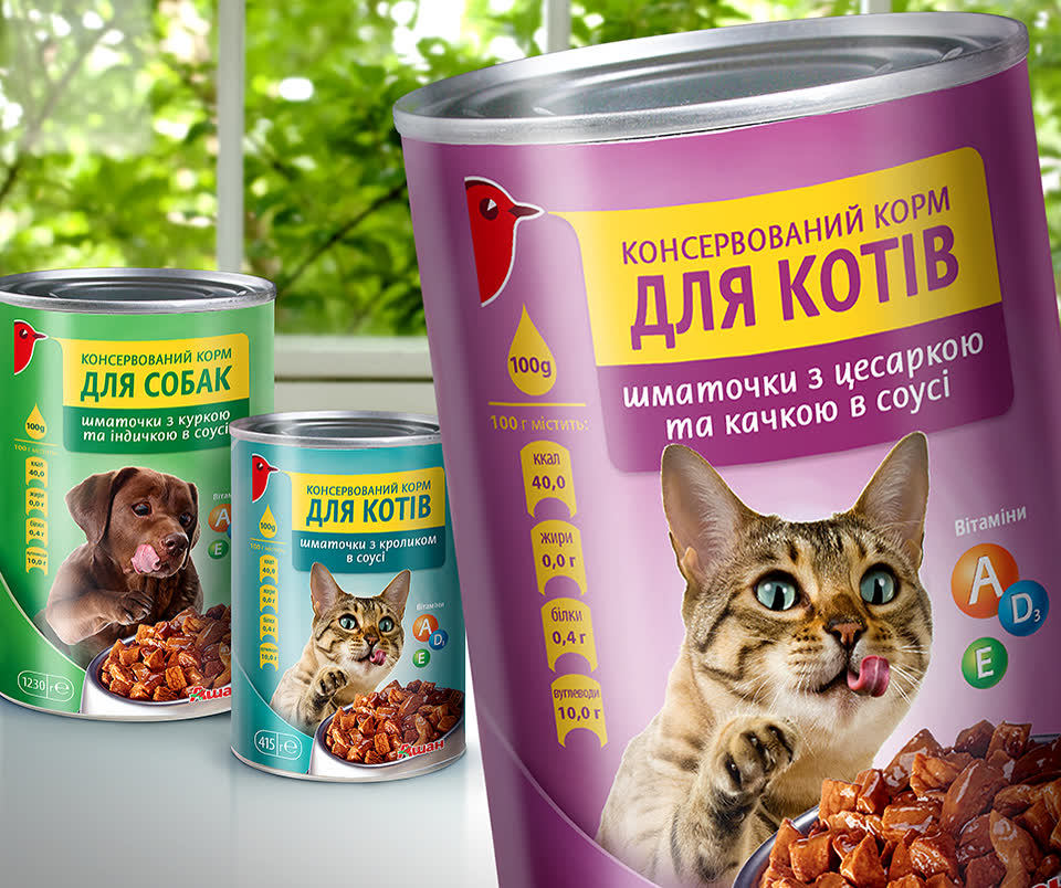 Дизайн продуктової лінійки кормів для котів для мережі супермаркетів Ашан
