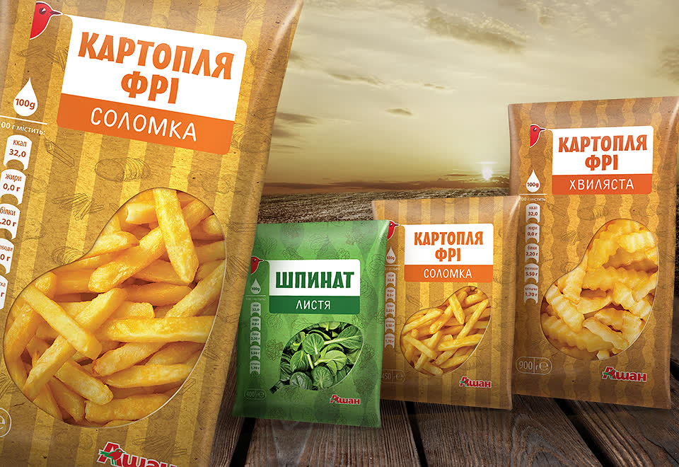 Дизайн упаковки картоплі фрі для мережі супермаркетів Ашан